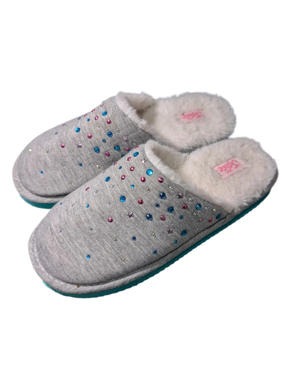 Justice - Girls Grey Studded Slippers Featuring A Rhinestone Design-Size Y 1.5-2